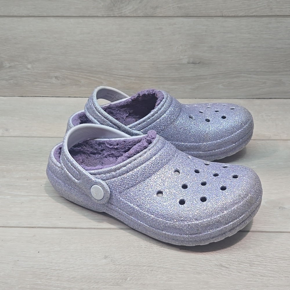 Crocs Kids Girl Glittery Purple Clogs Insulated Line Mule Shoes Sz J2